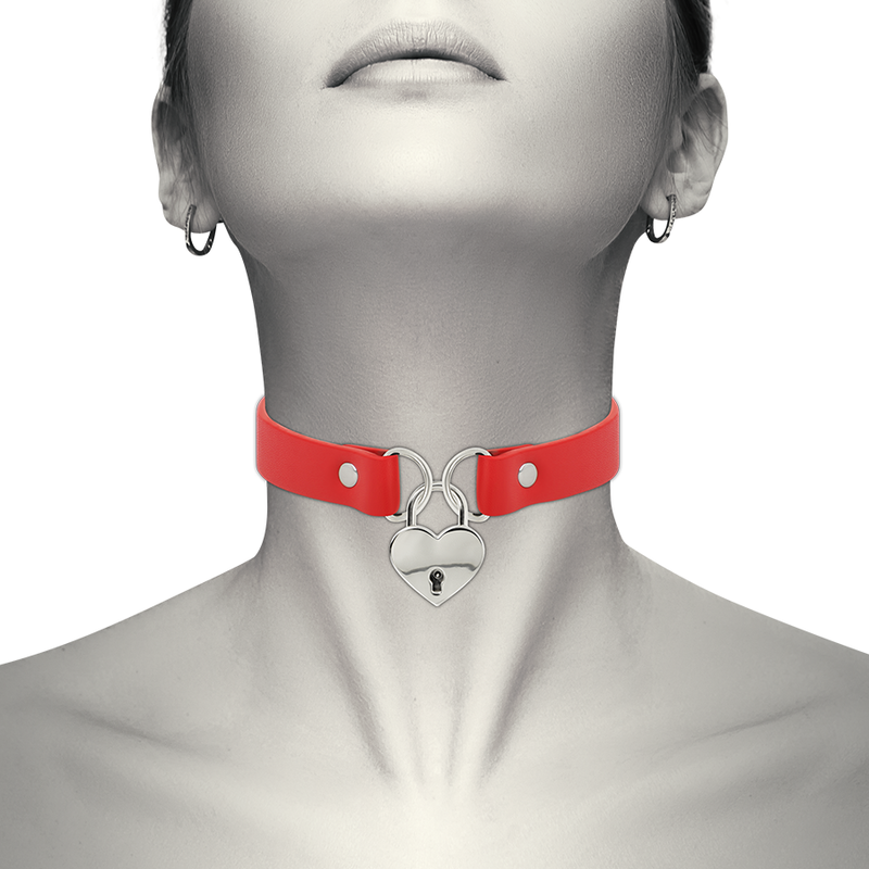 COQUETTE CHIC DESIRE – RED VEGAN LEATHER NECKLACE WITH HEART ACCESSORY WITH KEY
