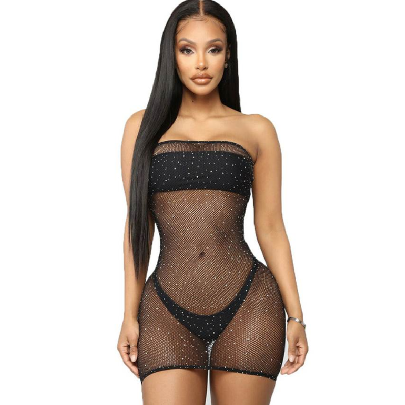 QUEEN LINGERIE – NET BODY DRESS WITH DIAMONDS S/L