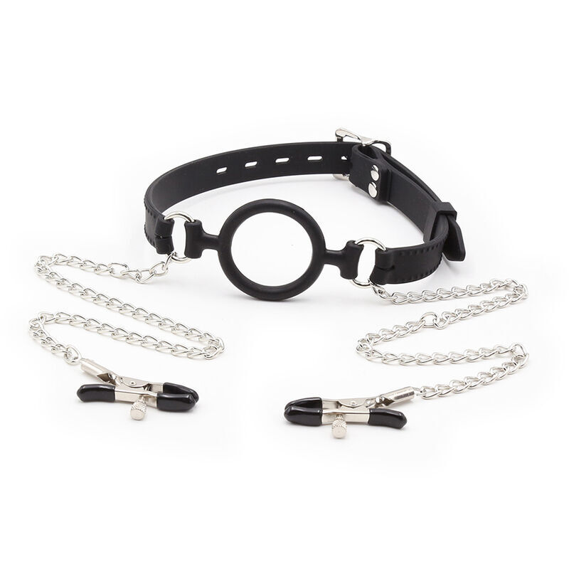 OHMAMA FETISH – RING GAG WITH CHAINS AND NIPPLE CLAMPS