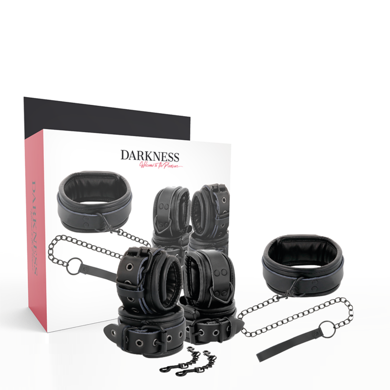 DARKNESS – BLACK LEATHER HANDCUFFS AND COLLAR