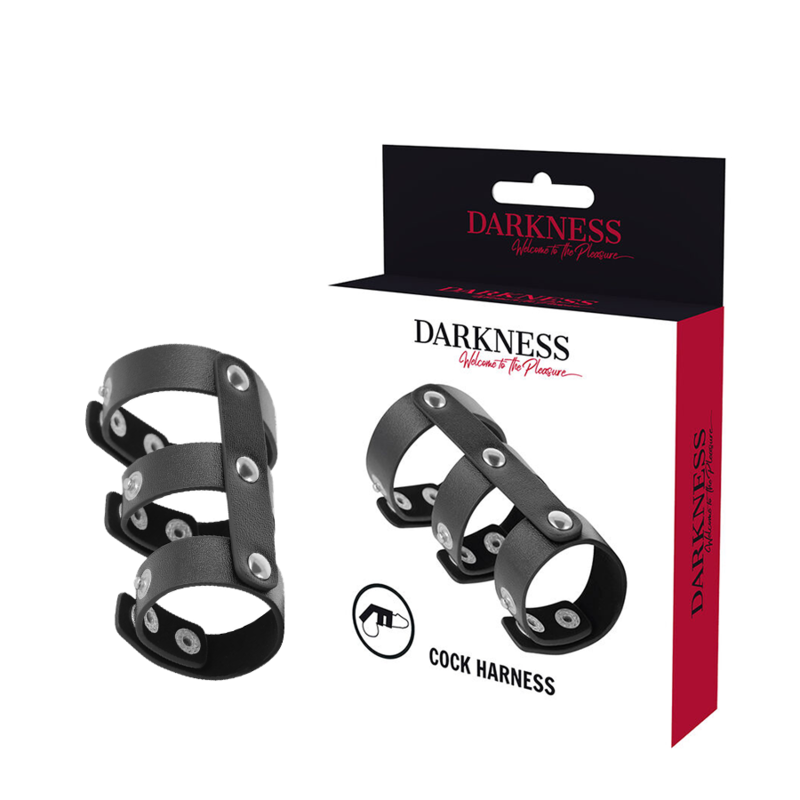 DARKNESS – ADJUSTABLE LEATHER DOUBLE PENIS AND TESTICLE RING