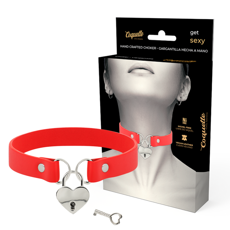 COQUETTE CHIC DESIRE – RED VEGAN LEATHER NECKLACE WITH HEART ACCESSORY WITH KEY