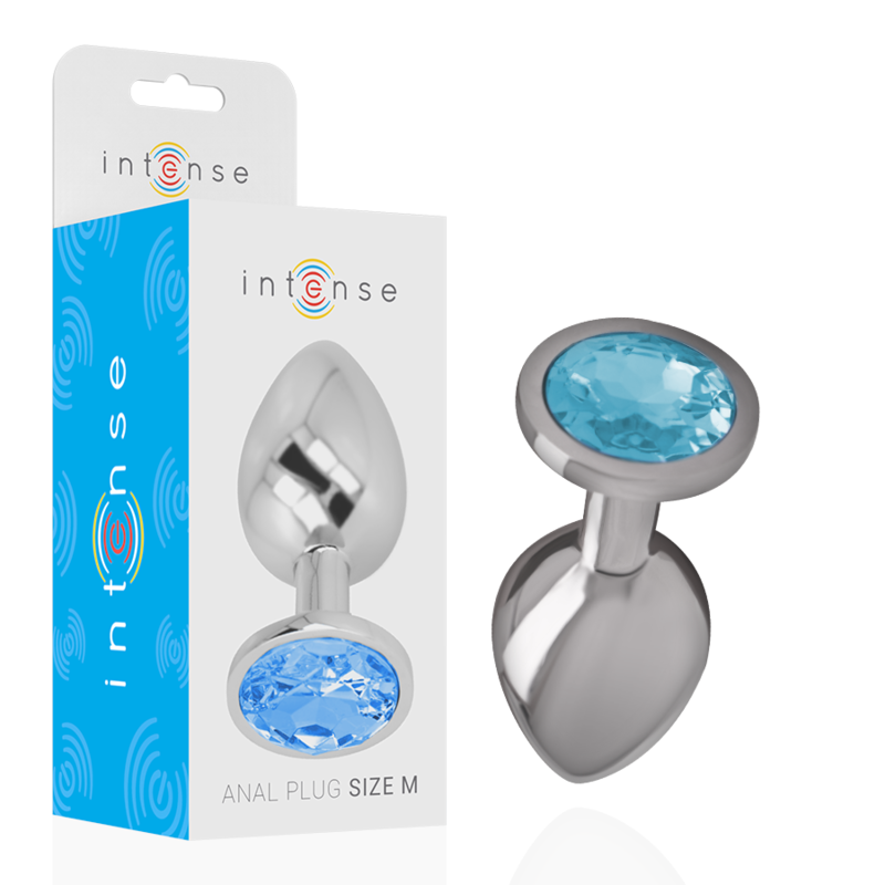 INTENSE – ALUMINUM METAL ANAL PLUG WITH BLUE GLASS SIZE M