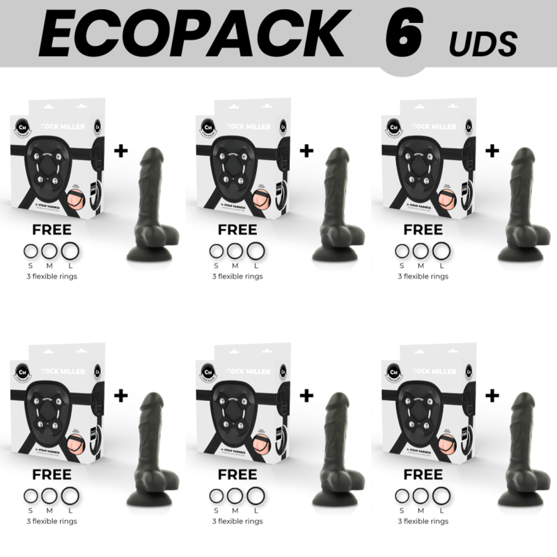 ECOPACK 6 UNITS – COCK MILLER HARNESS + DILDO SILICONE DENSITY ARTICULABLE BLACK COCKSIL 13 CM