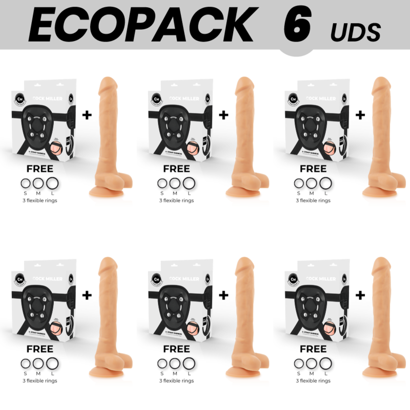 ECOPACK 6 UNITS – COCK MILLER HARNESS + SILICONE DENSITY ARTICULABLE COCKSIL 24 CM
