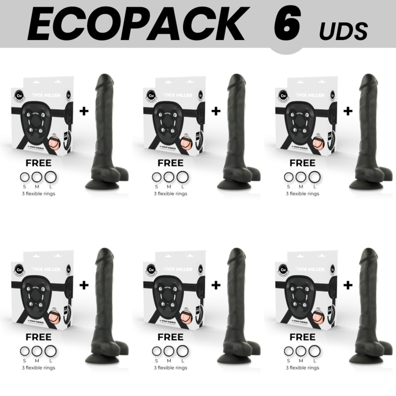 ECOPACK 6 UNITS – COCK MILLER HARNESS + SILICONE DENSITY ARTICULABLE BLACK COCKSIL 24 CM