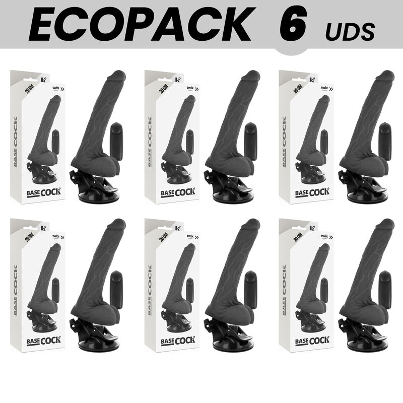 ECOPACK 6 UNITS – BASECOCK REALISTIC BLACK REMOTE CONTROL VIBRATOR WITH TESTICLES 20 CM -O- 4 CM