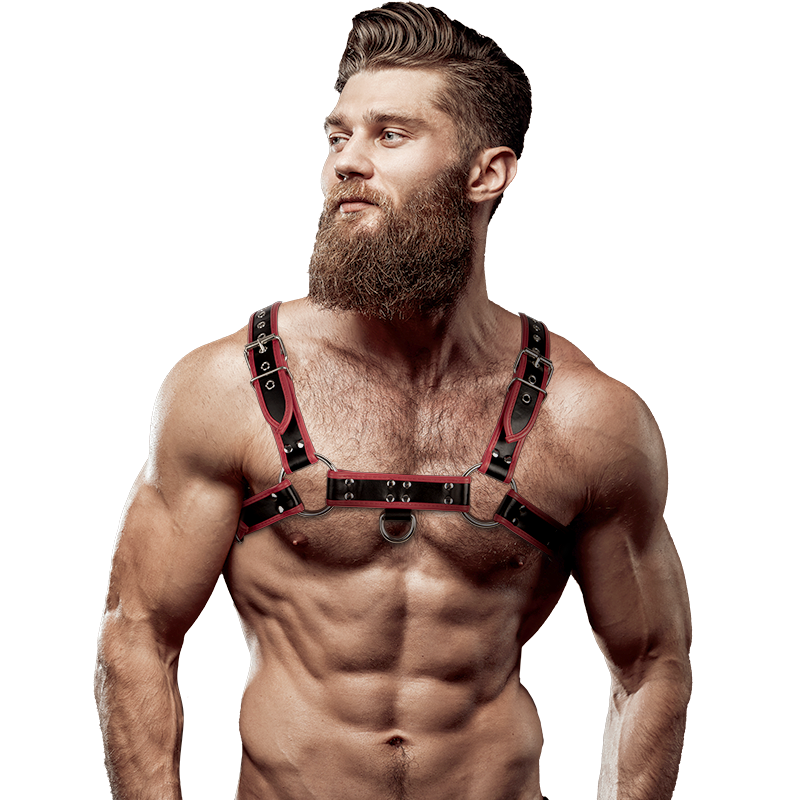 FETISH SUBMISSIVE ATTITUDE – MENS ECO-LEATHER CHEST HARNESS BLACK/RED