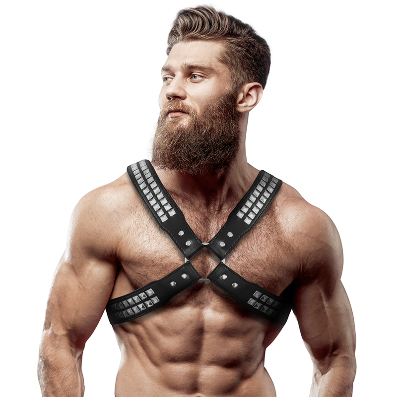 FETISH SUBMISSIVE ATTITUDE – MENS CROSSED CHEST ECO-LEATHER HARNESS WITH RIVETS