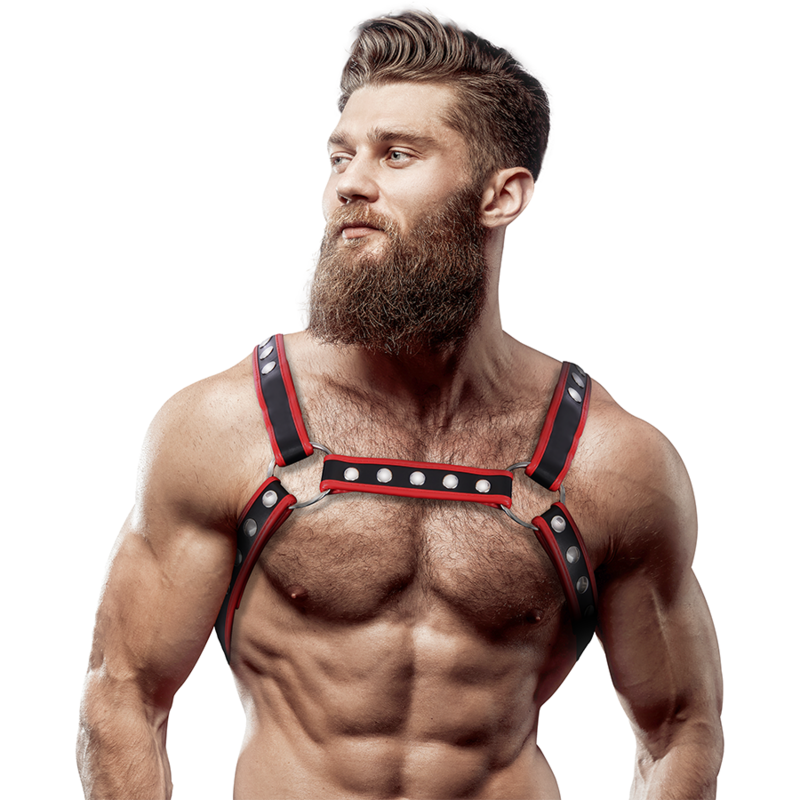 FETISH SUBMISSIVE ATTITUDE – MENS ECO-LEATHER CHEST BULLDOG HARNESS BLACK/RED