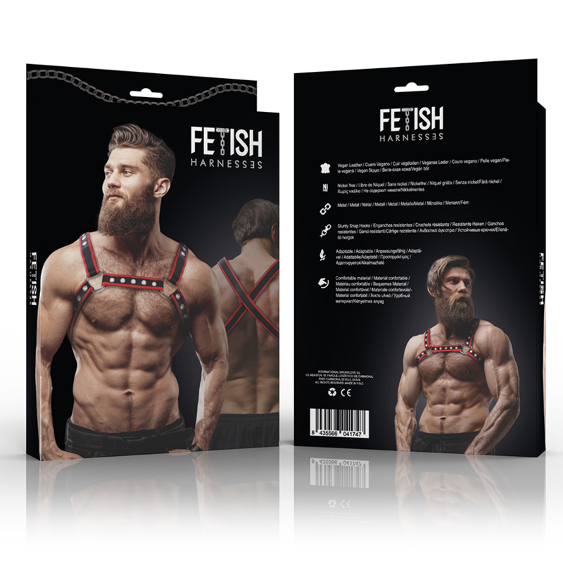 FETISH SUBMISSIVE ATTITUDE – MENS ECO-LEATHER CHEST BULLDOG HARNESS BLACK/RED