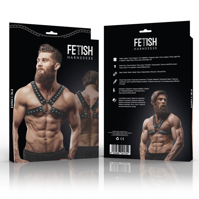 FETISH SUBMISSIVE ATTITUDE – MENS CROSS-OVER ECO-LEATHER CHEST HARNESS WITH STUDS