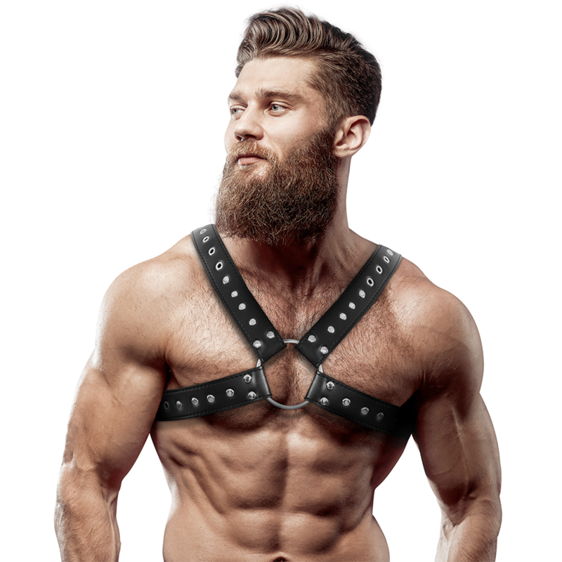 FETISH SUBMISSIVE ATTITUDE – MENS CROSS-OVER ECO-LEATHER CHEST HARNESS WITH STUDS