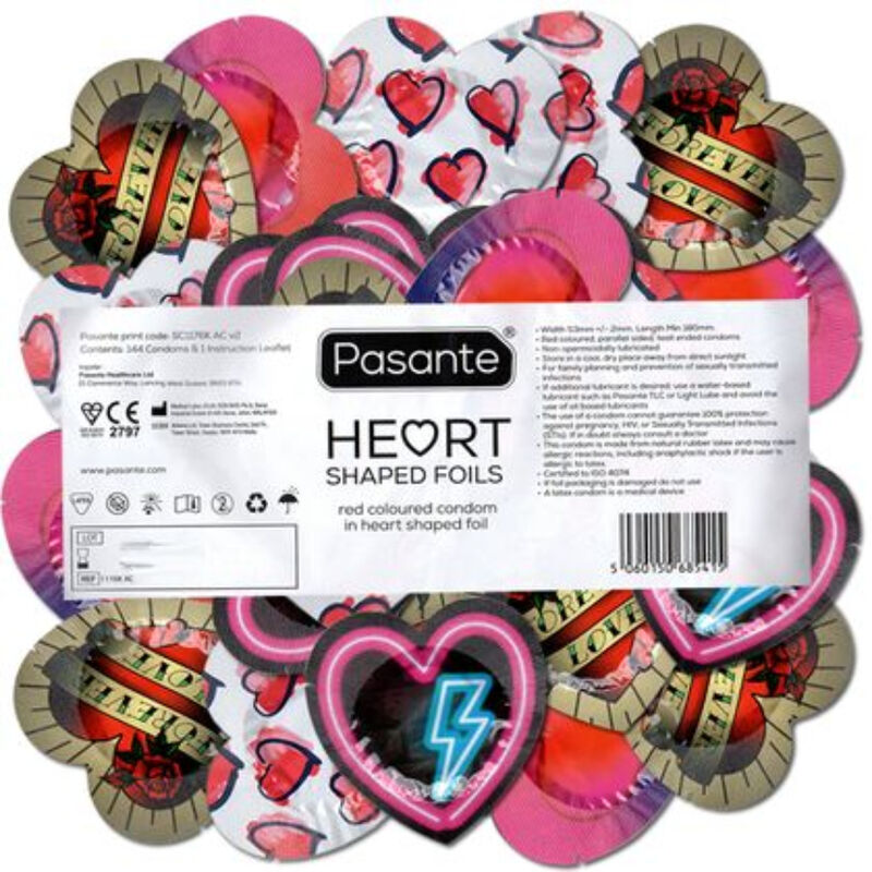 PASANTE – CONDOMS RED HEART SHAPE BAG 144 UNITS