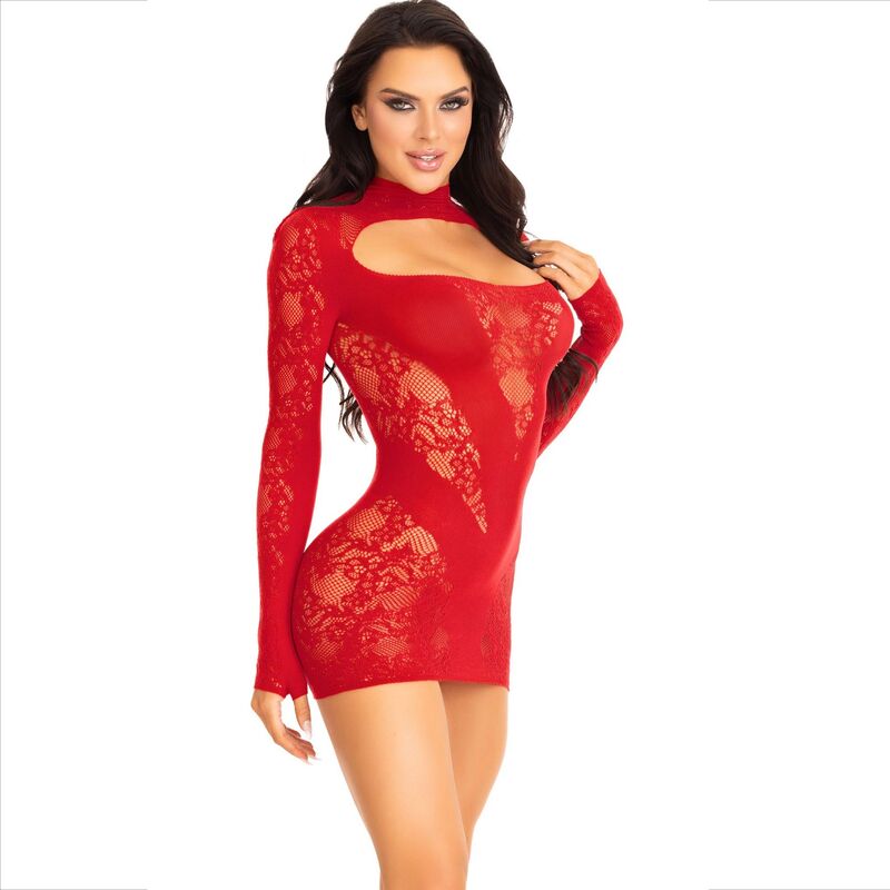 LEG AVENUE – MINI DRESS WITH LACE LONG SLEEVE RED