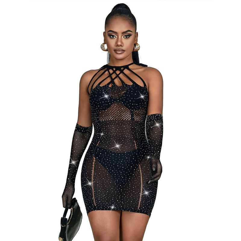 SUBBLIME – 952235 FISHNET DRESS WITH RHINESTONES  BLACK ONE SIZE