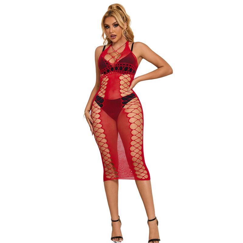 SUBBLIME – 952327 LONG RED FISHNET DRESS ONE SIZE