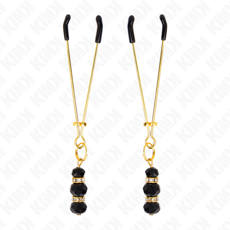 KINK – GOLD THIN NIPPLE CLAMPS WITH 3 BLACK GLASS BEADS 7 CM