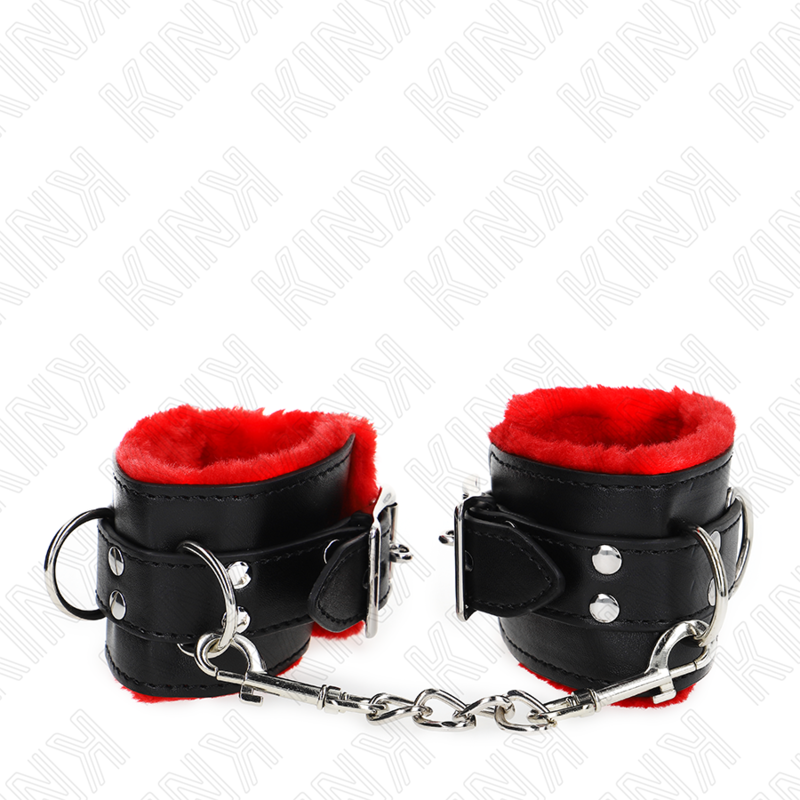 KINK - FUR LINED WRIST RESTRAINTS WITH SQUARE HOLES RED AND BLACK BELT ADJUSTABLE 17-29 CM X 6 CM - Image 3