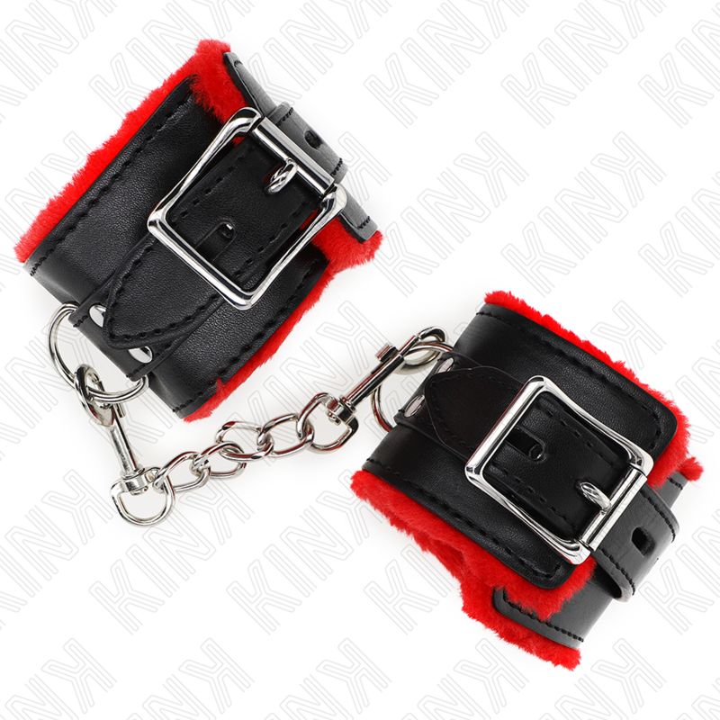 KINK - FUR LINED WRIST RESTRAINTS WITH SQUARE HOLES RED AND BLACK BELT ADJUSTABLE 17-29 CM X 6 CM - Image 4
