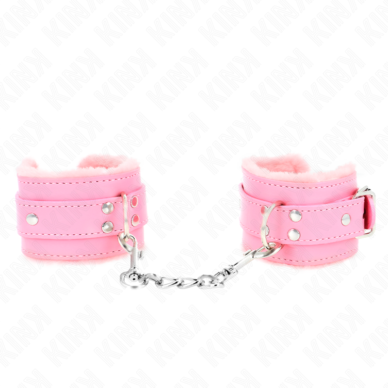 KINK – FUR LINED WRIST RESTRAINTS PINK WITH PINK BELT ADJUSTABLE 17-29 CM X 6 CM