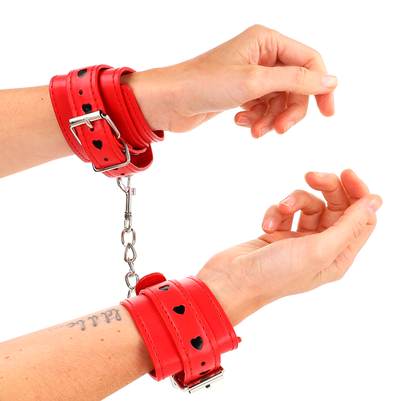 KINK - RED WRIST RESTRAINTS WITH BLACK HEART INLAY ADJUSTABLE 21-28 CM X 5.5 CM - Image 3