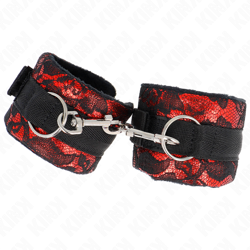 KINK – SHORT VELVET LACE WRIST RESTRAINTS AND NYLON BIND RED / BLACK 23 X 6.5 CM