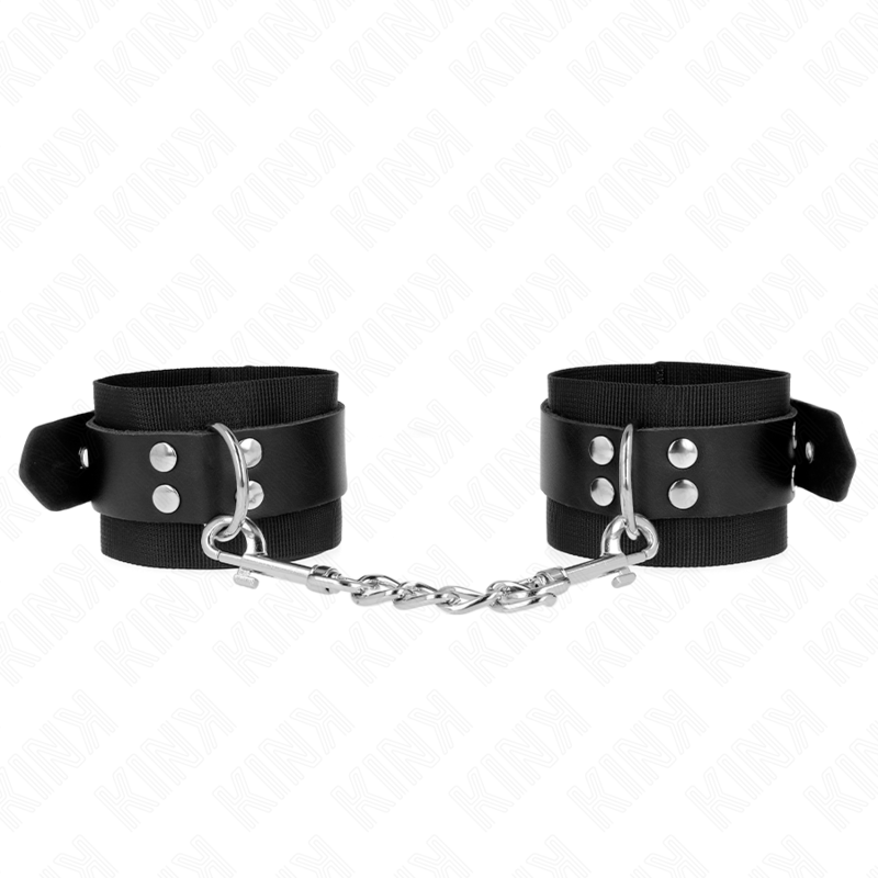 KINK – NYLON WRIST RESTRAINTS BLACK WITH LEATHER BELT BLACK ADJUSTABLE 19-29 CM X 5.1 CM