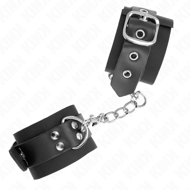 KINK – NYLON WRIST RESTRAINTS BLACK WITH LEATHER BELT BLACK ADJUSTABLE 19-29 CM X 5.1 CM