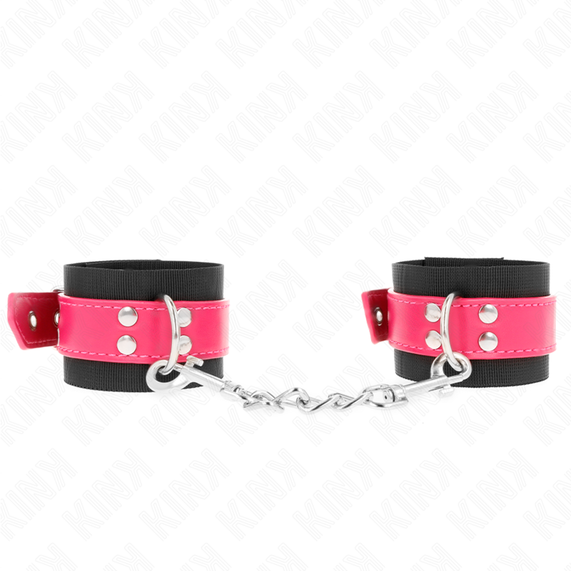 KINK – NYLON WRIST RESTRAINTS BLACK WITH LEATHERETTE BELT RASPBERRY ROSE ADJUSTABLE 19-29 CM X 5.1 CM
