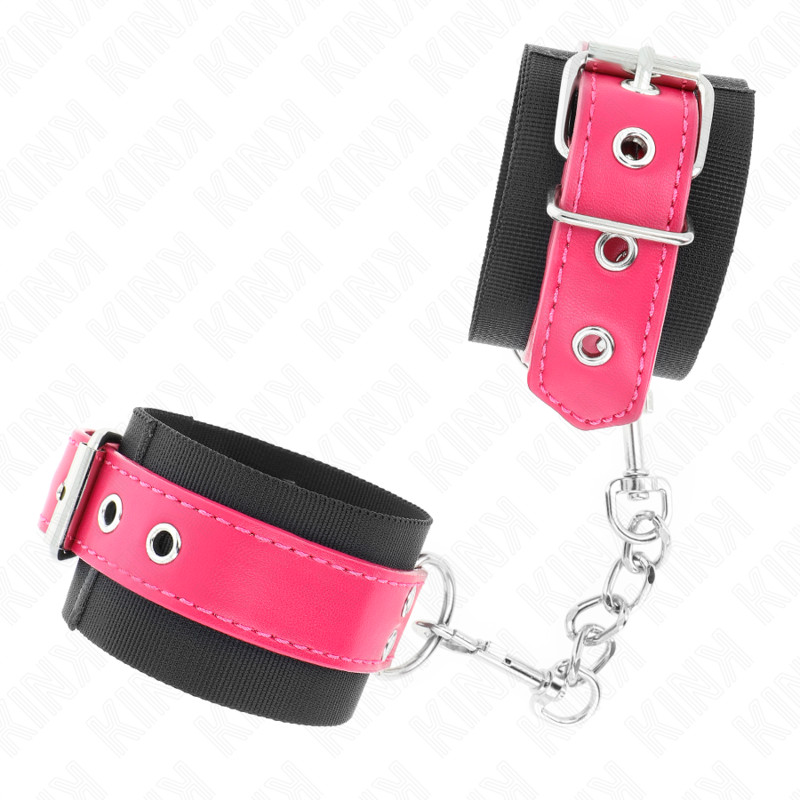 KINK – NYLON WRIST RESTRAINTS BLACK WITH LEATHERETTE BELT RASPBERRY ROSE ADJUSTABLE 19-29 CM X 5.1 CM