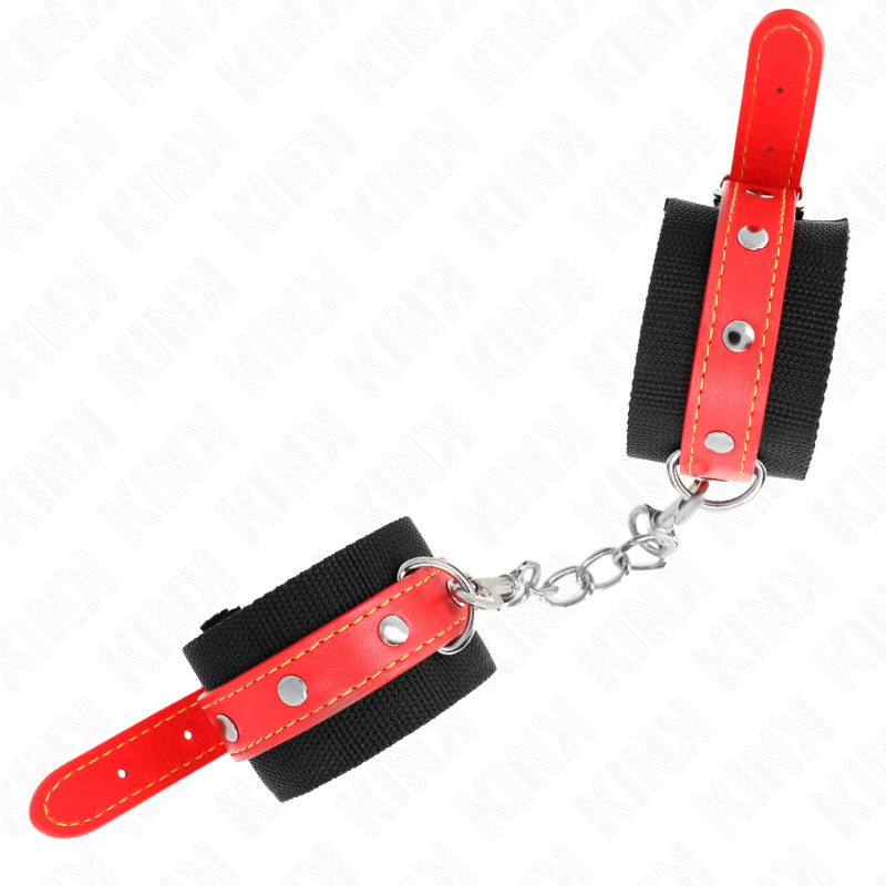 KINK – NYLON WRIST RESTRAINTS BLACK WITH LEATHERETTE RED ADJUSTABLE 19-24 CM X 5.5 CM