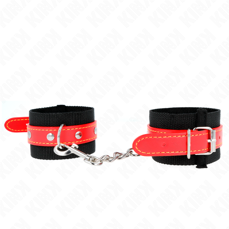 KINK – NYLON WRIST RESTRAINTS BLACK WITH LEATHERETTE RED ADJUSTABLE 19-24 CM X 5.5 CM