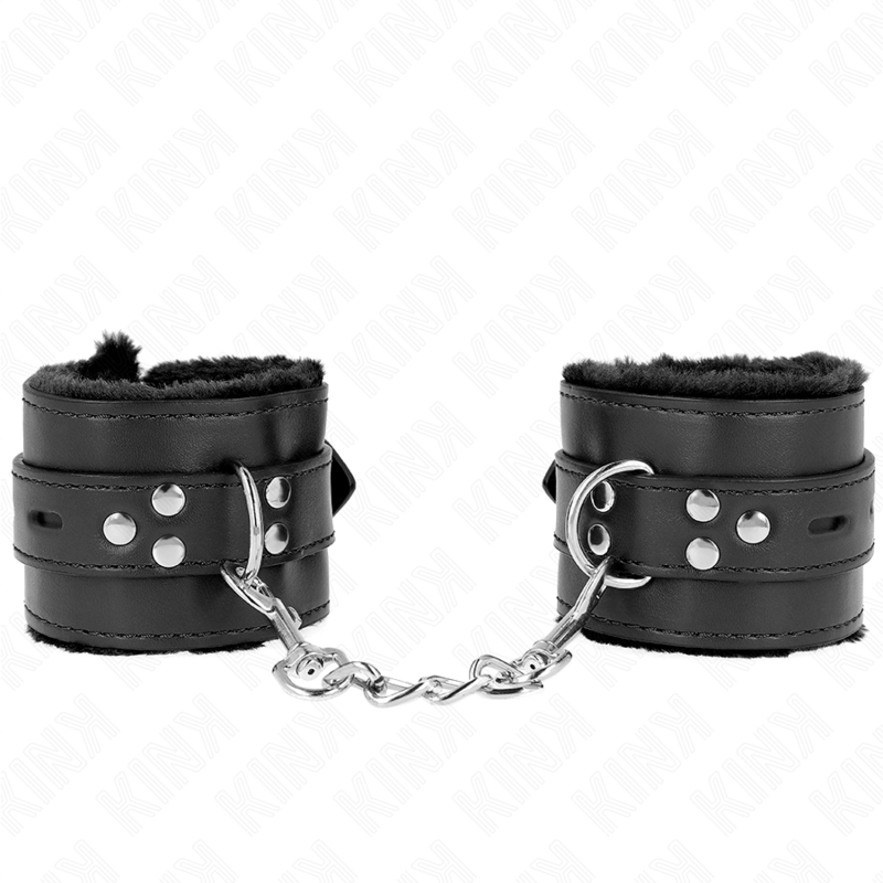 KINK – FUR LINED WRIST RESTRAINTS WITH SQUARE HOLES BLACK AND BLACK BELT ADJUSTABLE 17-29 CM X 6 CM