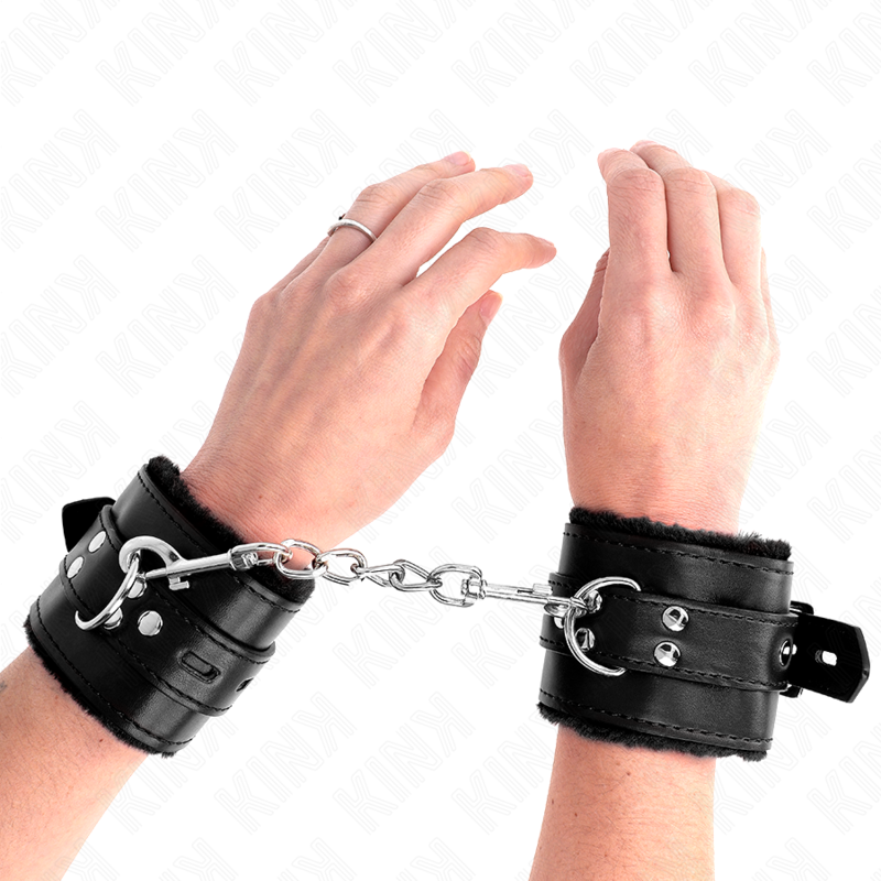 KINK - FUR LINED WRIST RESTRAINTS WITH SQUARE HOLES BLACK AND BLACK BELT ADJUSTABLE 17-29 CM X 6 CM - Image 4