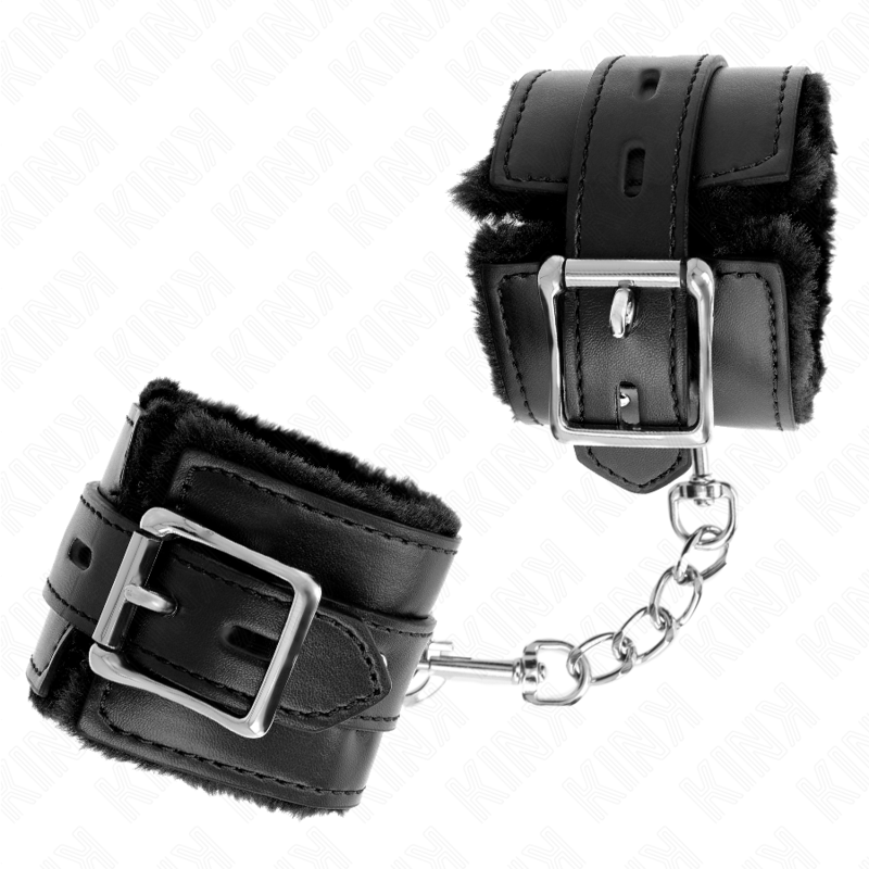 KINK – FUR LINED WRIST RESTRAINTS WITH SQUARE HOLES BLACK AND BLACK BELT ADJUSTABLE 17-29 CM X 6 CM