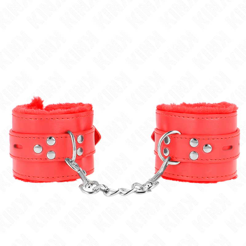 KINK – FUR LINED WRIST RESTRAINTS WITH SQUARE HOLES RED AND RED BELT ADJUSTABLE 17-29 CM X 6 CM