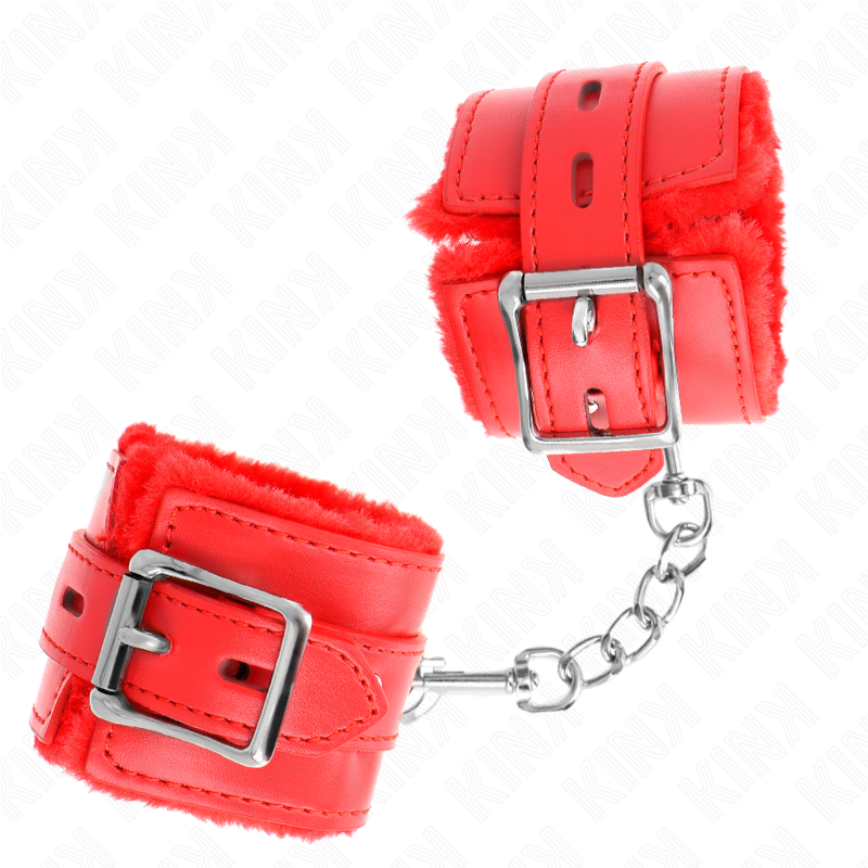 KINK – FUR LINED WRIST RESTRAINTS WITH SQUARE HOLES RED AND RED BELT ADJUSTABLE 17-29 CM X 6 CM
