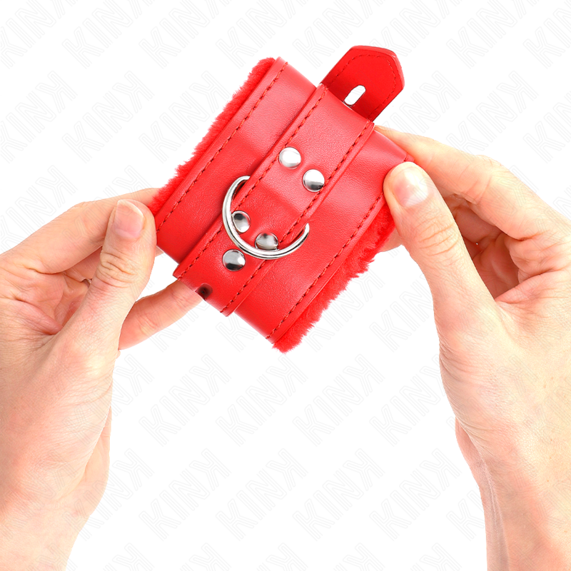 KINK - FUR LINED WRIST RESTRAINTS WITH SQUARE HOLES RED AND RED BELT ADJUSTABLE 17-29 CM X 6 CM - Image 3
