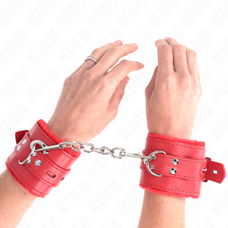 KINK - FUR LINED WRIST RESTRAINTS WITH SQUARE HOLES RED AND RED BELT ADJUSTABLE 17-29 CM X 6 CM - Image 4