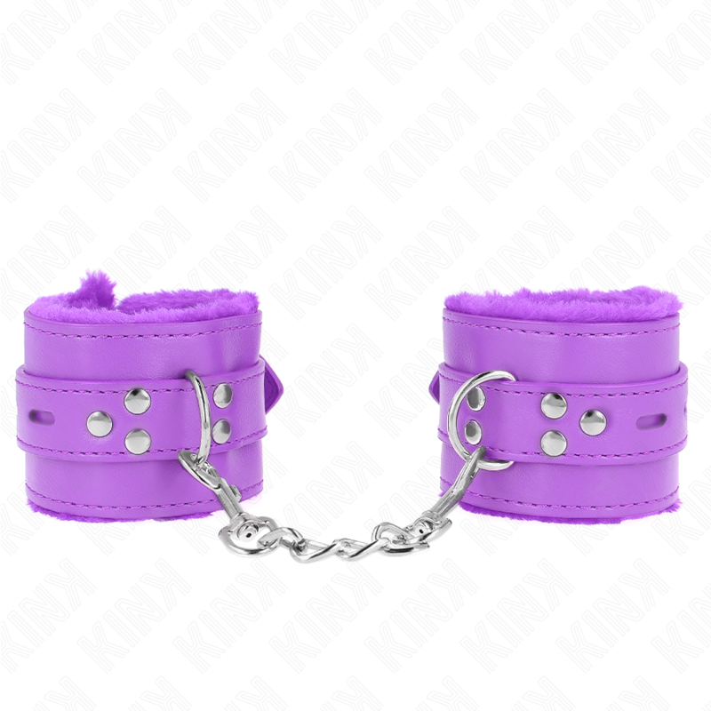KINK – FUR LINED WRIST RESTRAINTS WITH SQUARE HOLES PURPLE AND PURPLE BELT ADJUSTABLE 17-29 CM X 6 CM