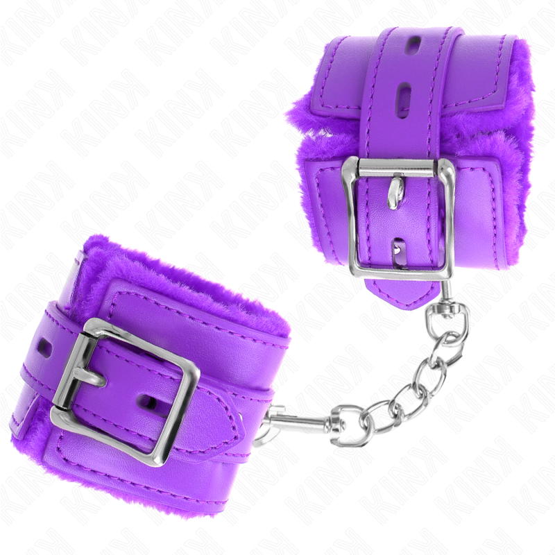 KINK – FUR LINED WRIST RESTRAINTS WITH SQUARE HOLES PURPLE AND PURPLE BELT ADJUSTABLE 17-29 CM X 6 CM