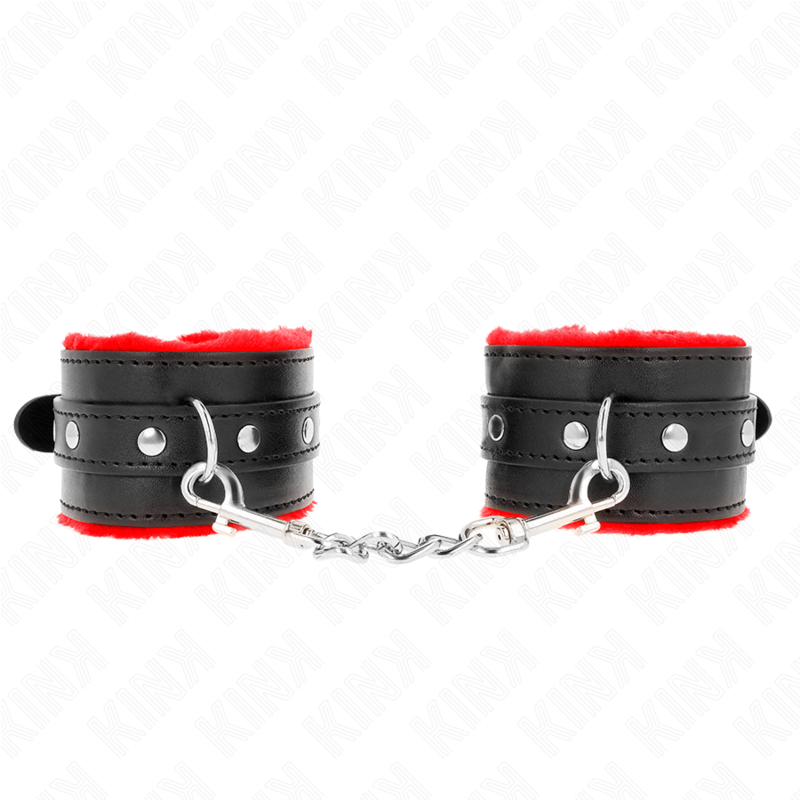 KINK – PREMIUM FUR LINED WRIST RESTRAINTS RED WITH BLACK BELT ADJUSTABLE 17-29 CM X 6 CM