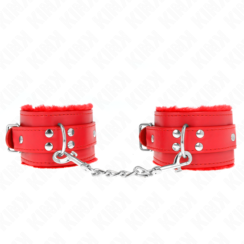 KINK – FUR LINED WRIST RESTRAINTS RED WITH RED BELT ADJUSTABLE 17-29 CM X 6 CM