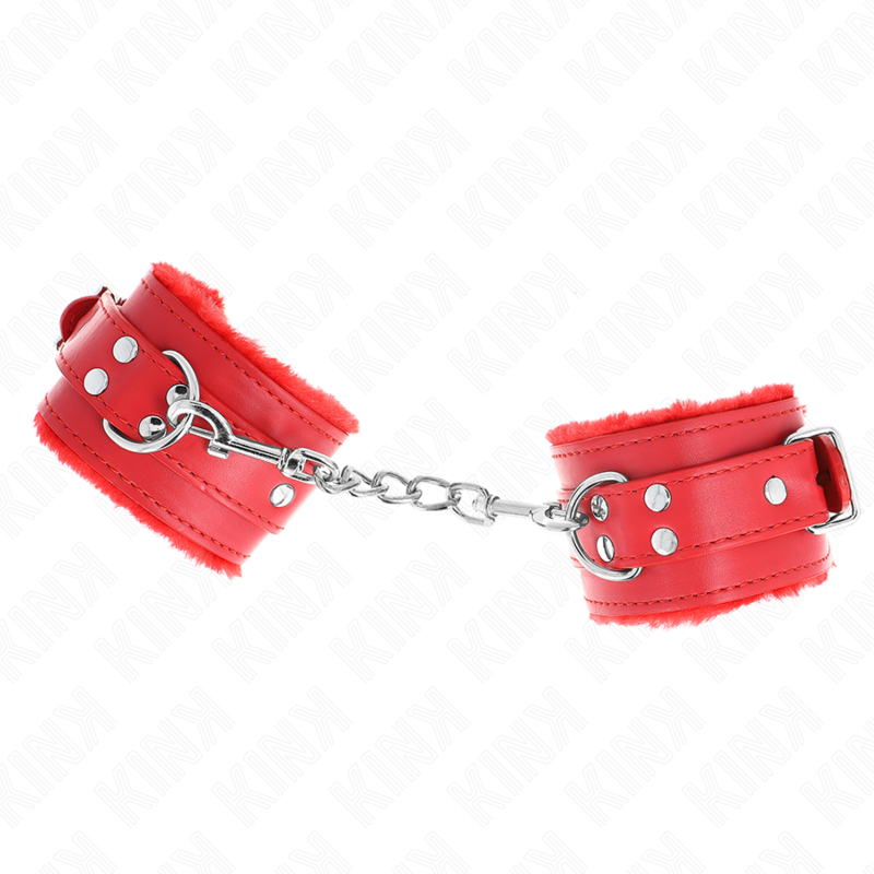 KINK – FUR LINED WRIST RESTRAINTS RED WITH RED BELT ADJUSTABLE 17-29 CM X 6 CM