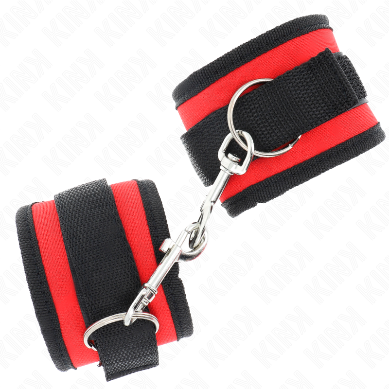 KINK – NYLON BIND HOOKLOOP WRIST RESTRAINTS RED-BLACK MODEL 2 ADJUSTABLE 18-35 CM X 6 CM