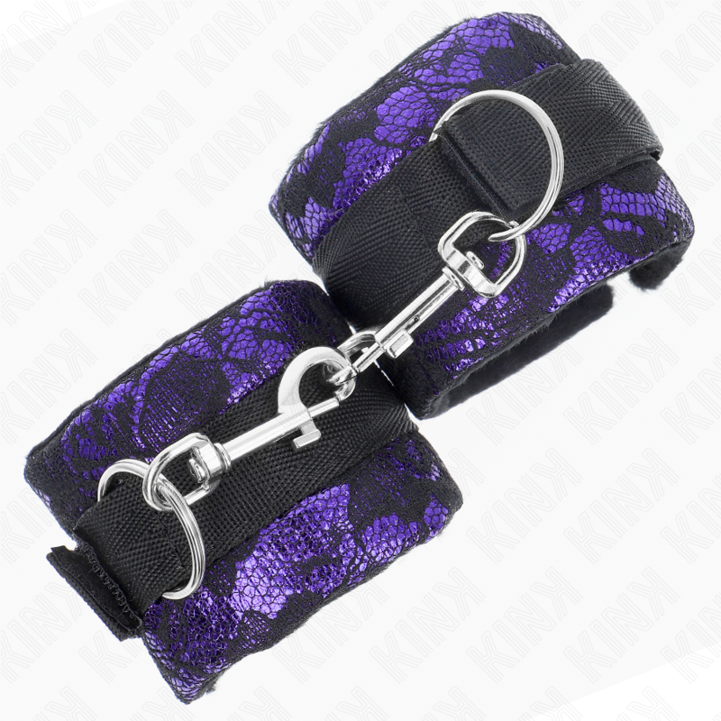KINK – SHORT VELVET LACE WRIST RESTRAINTS AND NYLON BIND PURPLE / BLACK 23 X 6.5 CM