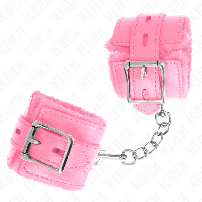 KINK – FUR LINED WRIST RESTRAINTS WITH SQUARE HOLES PINK AND PINK BELT ADJUSTABLE 17-29 CM X 6 CM