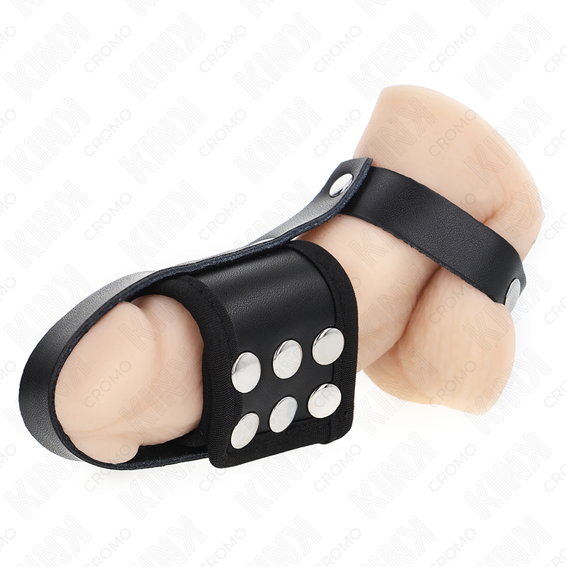 KINK – LEATHER PENIS CAGE RING WITH ADJUSTABLE COATED BALL DIVIDER STRAP