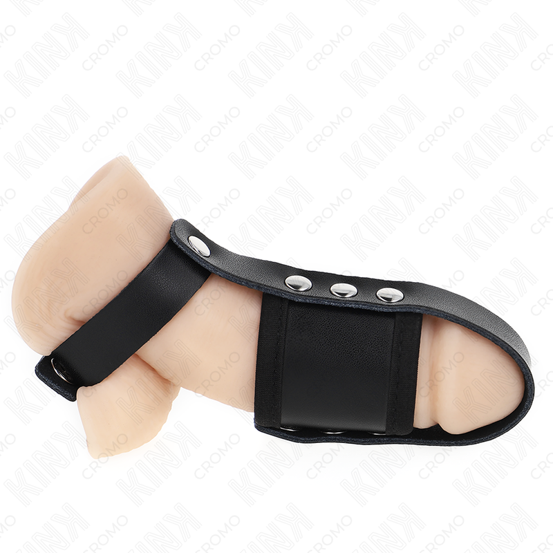KINK – LEATHER PENIS CAGE RING WITH ADJUSTABLE COATED BALL DIVIDER STRAP